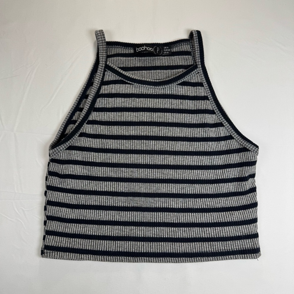 Boohoo Black and Gray Striped Crop‎ Tank Top